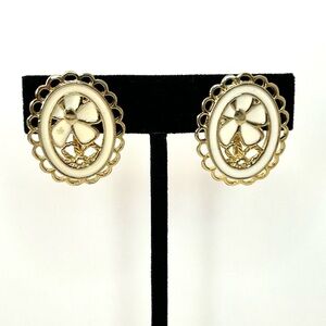 Gold Tone Cream Enamel Clip On Earrings 1.20”L
